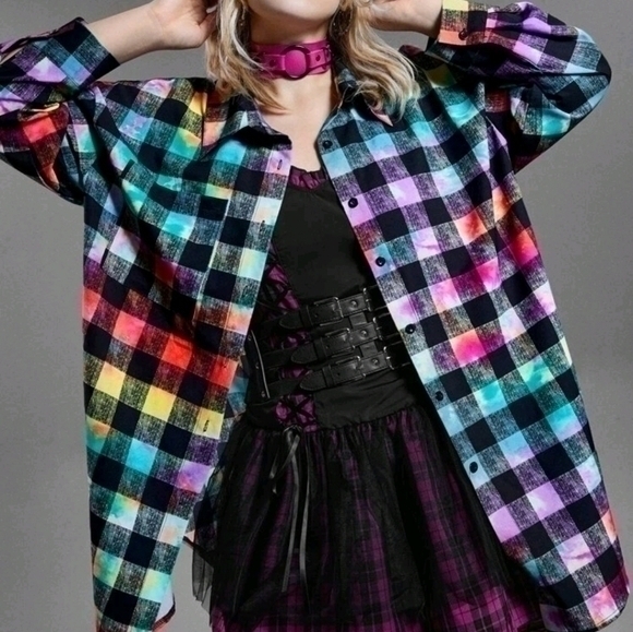 SHEIN Tops - SHEIN RAINBOW GINGHAM BUTTON DOWN TOP SZ 2X